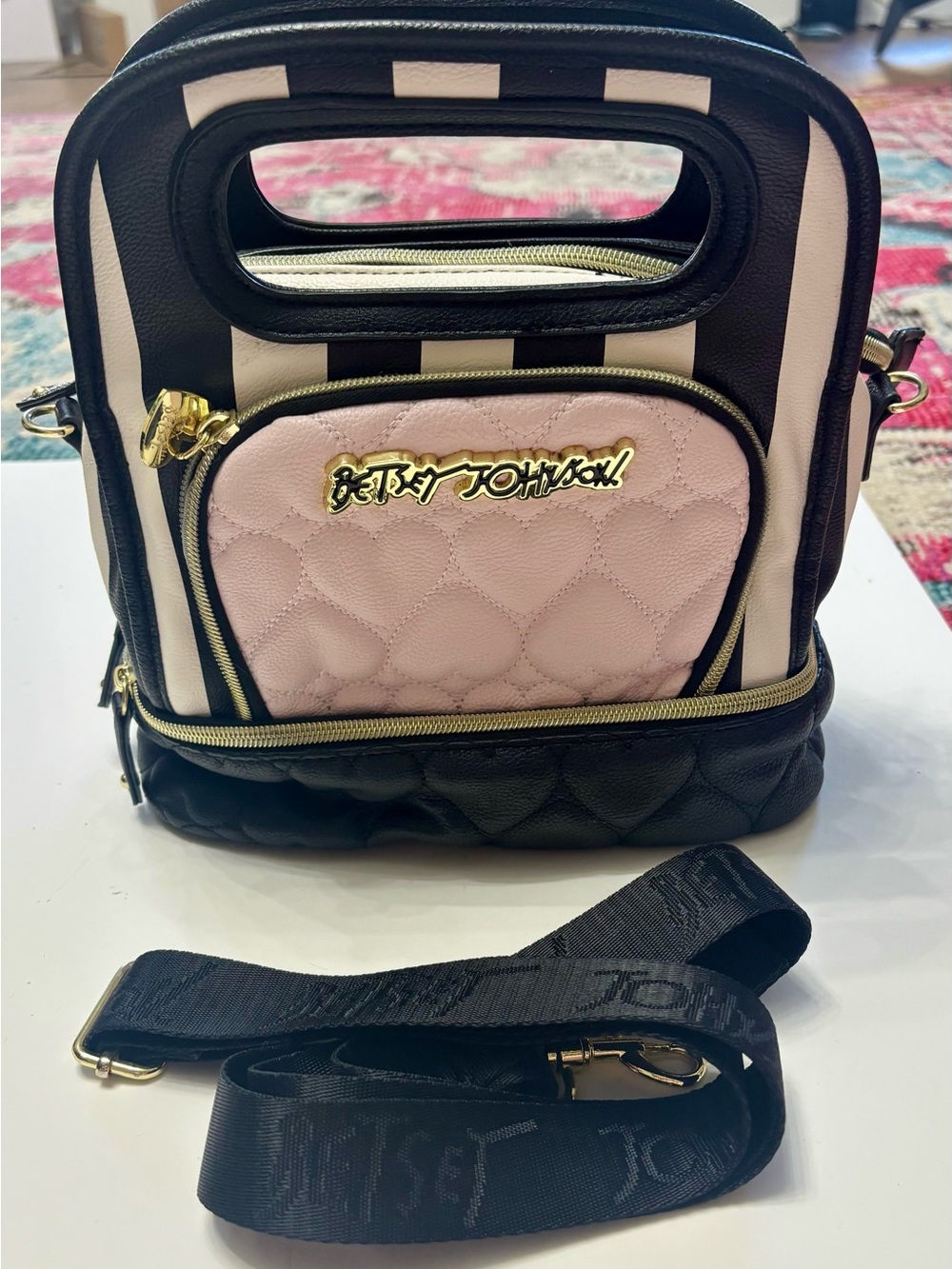 Betsey Johnson Pink, Black & Cream Striped Heart-Quilted Mini Bag